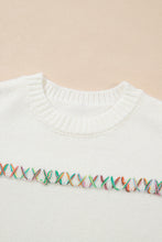 White Colorful Crossed Stitch Drop Shoulder Sweater