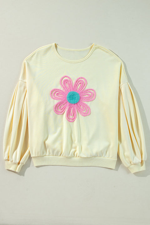 Beige Tinsel Flower Dropped Puff Sleeve Sweatshirt