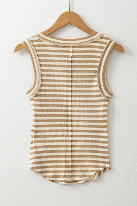 Khaki Stripe Exposed Seam Trim Round Neck Sleeveless Top