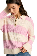 Pink Stripe Cable Knit Collared Henley Sweater