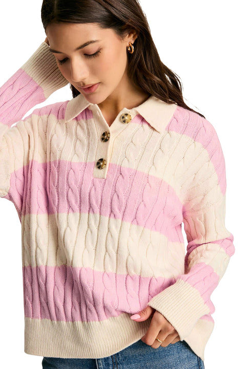 Pink Stripe Cable Knit Collared Henley Sweater