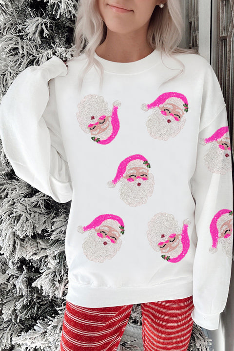 Beige Christmas Santa Clause Pattern Sequin Pullover Sweatshirt