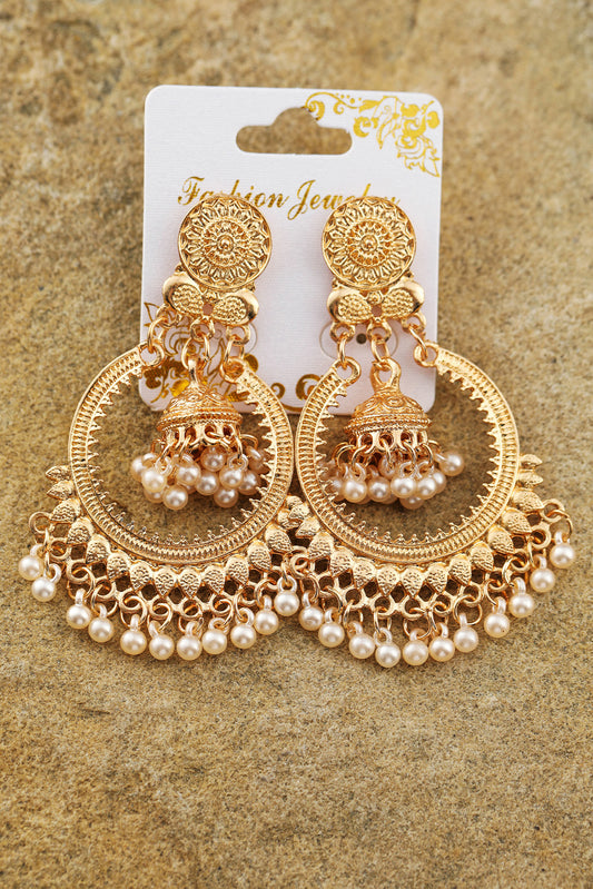 Gold Boho Pearl Tasseled Alloy Dangle Earrings