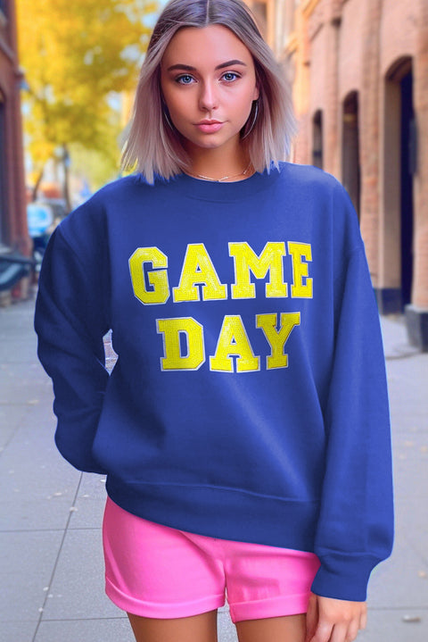 Dark Blue Game Day Crew Neck Graphic Pullover Sweatshirt