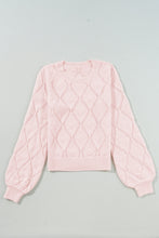 Gossamer Pink Openwork Plaid Puff Sleeve Cropped Sweater