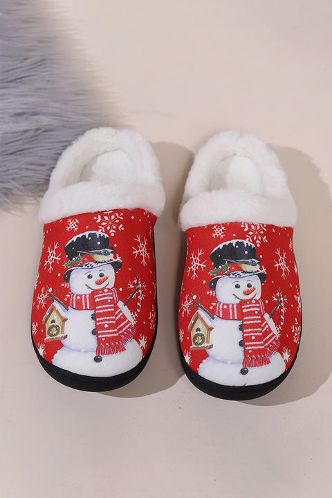 Fiery Red Christmas Snowman Print Plush Home Slippers