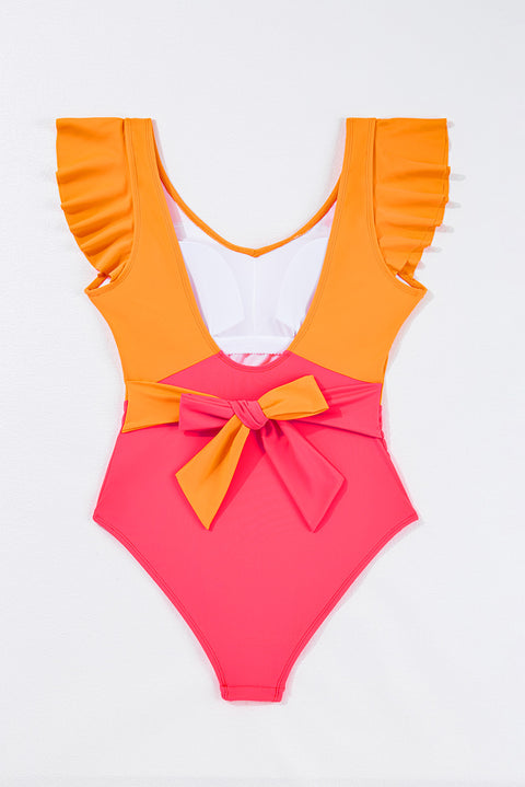 Vitality Orange Color Block Ruffled Knotted Backless One Piece Swimsuit