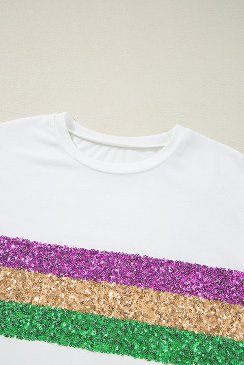 White Sequin Stripes Patchwork Mardi Gras Crew Neck T Shirt