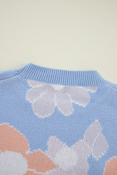 Beau Blue Floral O Neck Drop Shoulder Knitted Sweater