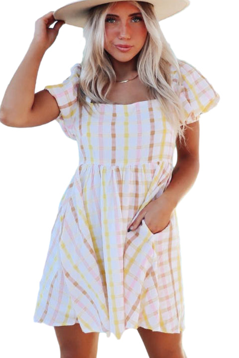 Multicolour Plaid Print Square Neck Puff Sleeve Skater Dress