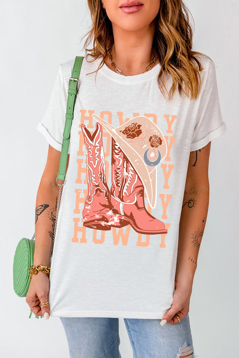 White HOWDY Cowboy Boots Graphic Crew Neck T Shirt