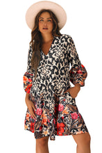 Black Retro Floral Mixed Print Split Neck A-line Dress