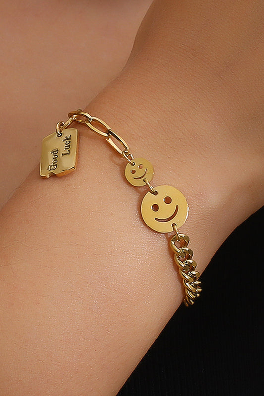 Gold GOOD LUCK Smile Face Adjustable Chain Bracelet