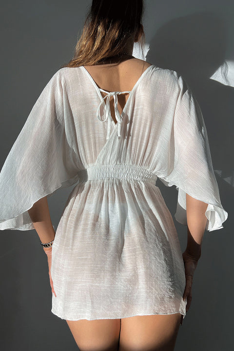 White Semi-sheer Wrapped Flowy Sleeve Beach Dress