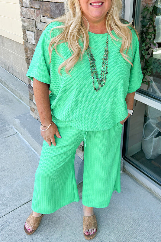 Mint Green Textured Batwing Sleeve Tee Wide Leg Pants Plus Size Set