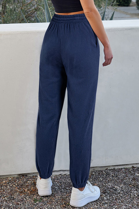 Navy Blue Solid Color Fleece Lined Drawstring Waist Joggers