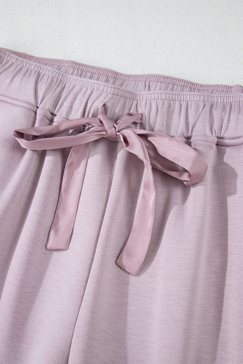 Orchid Petal Drawstring Waist Satin Stripe Patch Straight Leg High Waist Pants