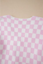 Light Pink Checkered Knitted Lace-up Ruffled 3/4 Sleeve Cardigan