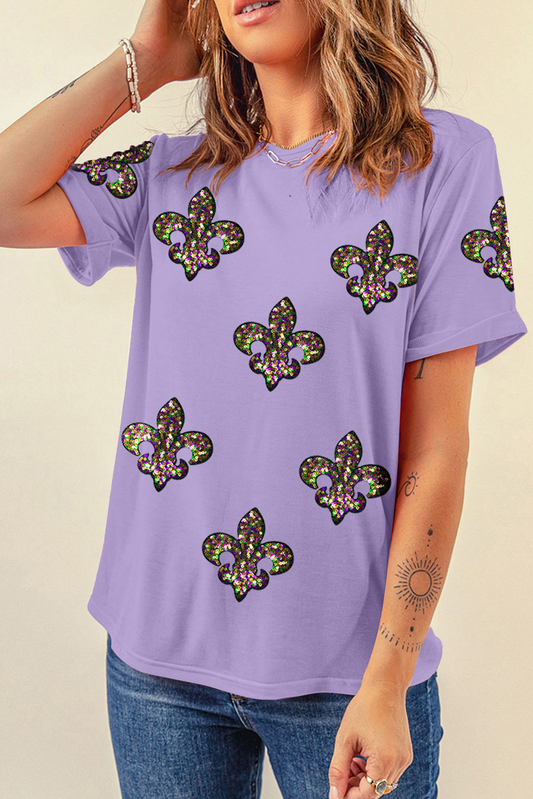 Wisteria Sequined Fleur De Lis Mardi Gras Fashion Tee