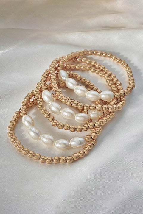 Gold Plated Pearl Beaded 6 Pcs Bracelet Set