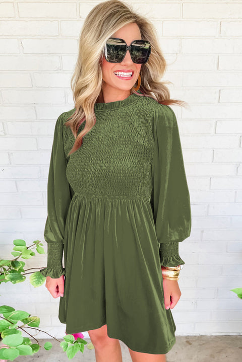 Moss Green Frilled Neck Smocked Bodice Velvet Dress