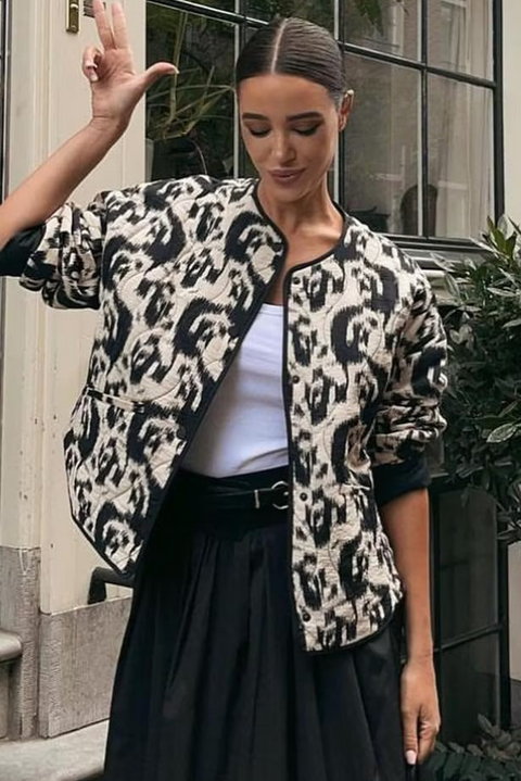 White Abstract Print Side Pockets Buttoned Jacket