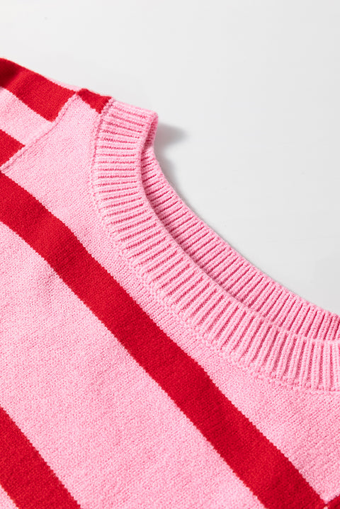 Pink Stripe Bubble Sleeve Drop Shoulder Ribbed Trim Sweater