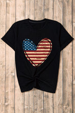 Black American Flag Heart Shape Round Neck Graphic Tee