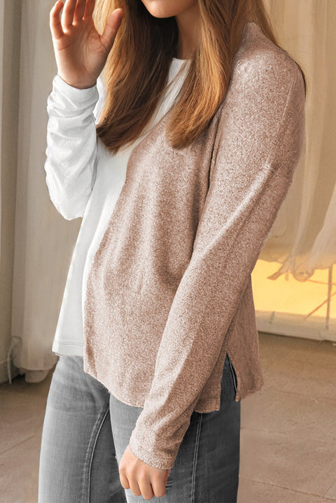 Khaki Colorblock Long Sleeve Crew Neck Top