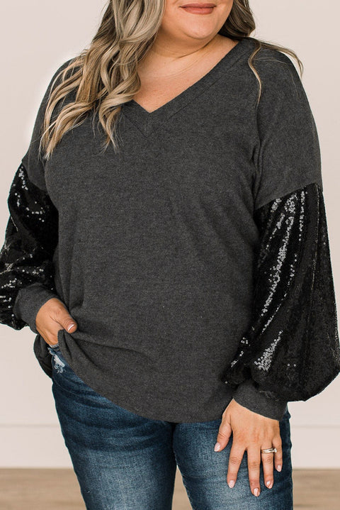 Black Plus Size Sequin Bubble Sleeve V Neck Knit Top