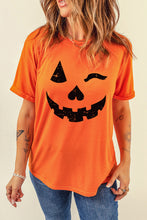 Camiseta con cuello redondo y estampado de cara de calabaza de Halloween naranja