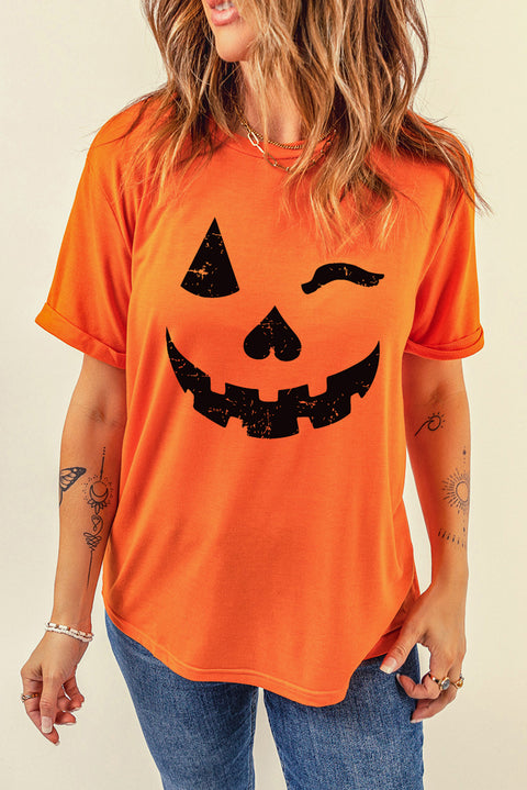 Camiseta con cuello redondo y estampado de cara de calabaza de Halloween naranja