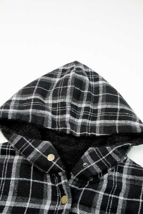 Khaki Plaid Pattern Sherpa Lined Hooded Shacket