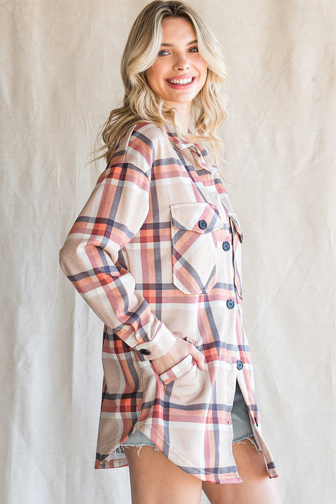 Khaki Chest Pockets Buttoned Oversized Plaid Shacket