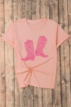 Pink Western Cowboy Boots Print Round Neck T Shirt