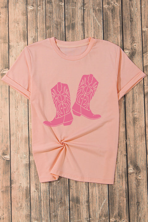 Pink Western Cowboy Boots Print Round Neck T Shirt