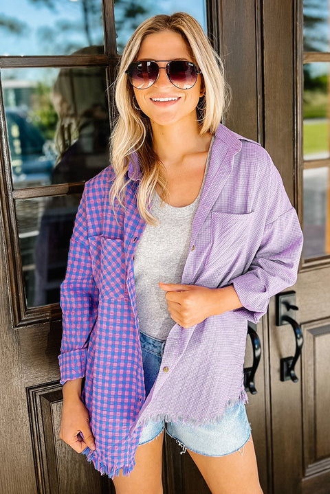 Purple Mixed Plaid Button Down Long Sleeve Chest Pocket Shirt