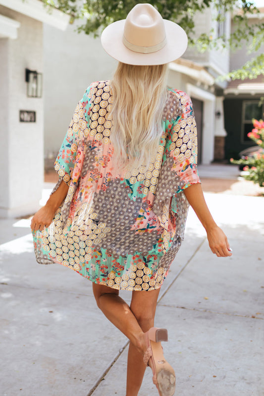 Multicolor Floral Open Sheer Shimmer Kimono