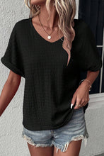 Black Textured Rolled Short Sleeve V Neck Blouse