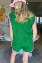 Green Contrast Trim Cable Textured Shorts Set