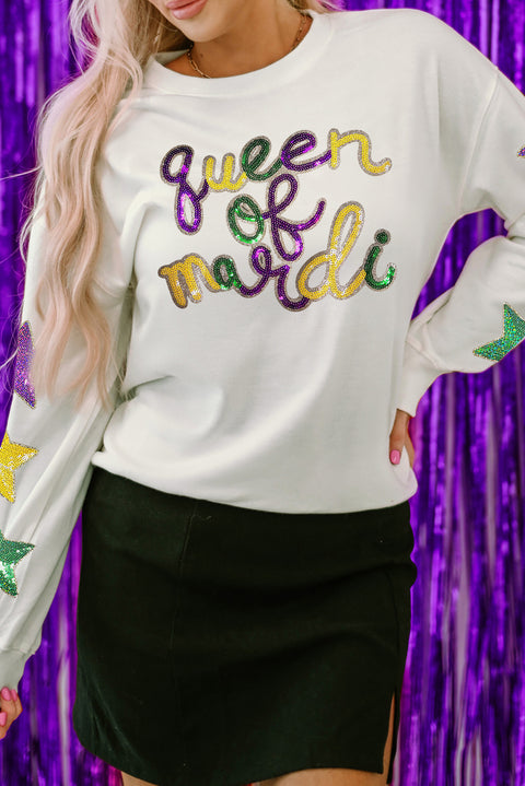 White Sequin queen of party Graphic Star Sleeve Pullover Sweatshirt