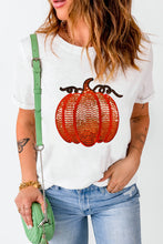 White Sequined Thanksgiving Pumpkin Graphic Cuffed Sleeve T Shirt