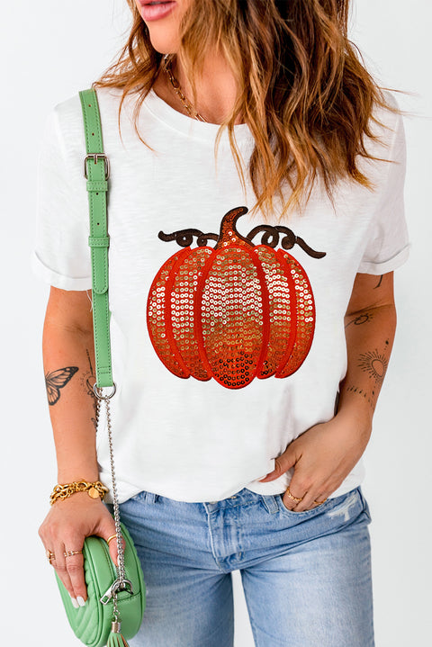 White Sequined Thanksgiving Pumpkin Graphic Cuffed Sleeve T Shirt