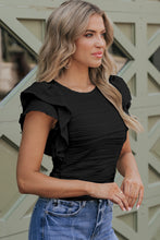 Black Wavy Textured Ruffle Sleeve Top