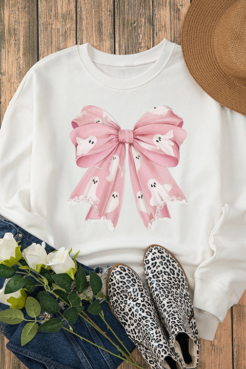 Beige Ghost Bowknot Graphic Crew Neck Drop Shoulder Sweatshirt