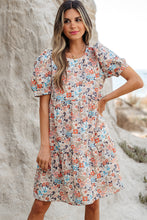 Apricot Bohemian Floral Print Short Puff Sleeve Mini Dress