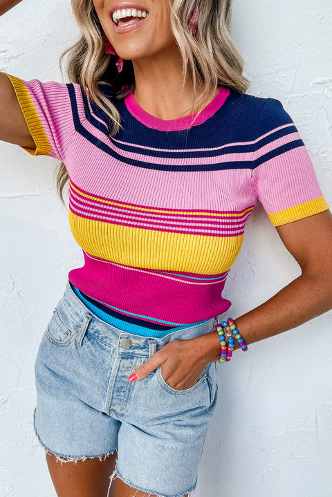 Pink Mixed Stripes Ribbed Knit Top