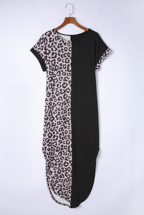 Contrast Solid Leopard Short Sleeve T-shirt Dress with Slits