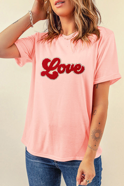 Pink Chenille Love Patched Pattern Round Neck Valentines T Shirt