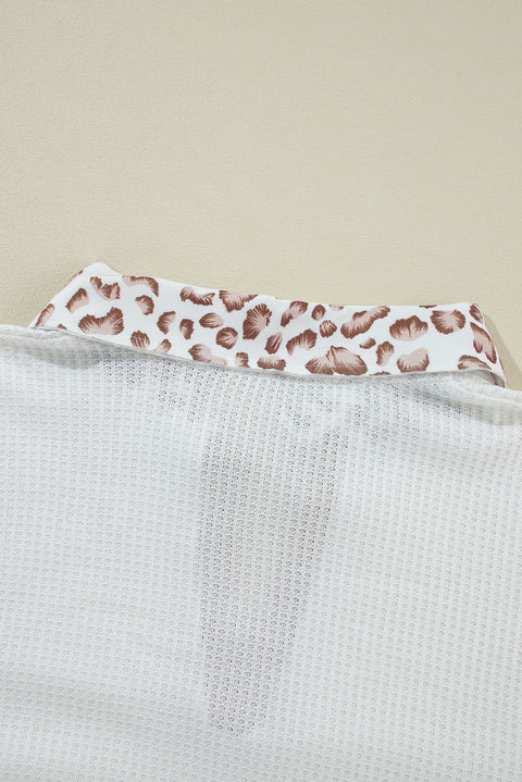 White Leopard Patchwork Turn-down Collar Waffle Top